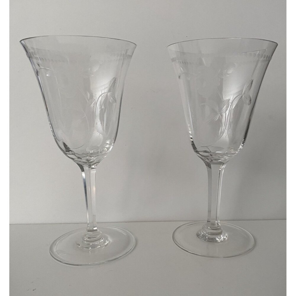 Vtg Wine Water Goblet Glasses Set of 2+ Etched Pattern Faceted Stems Optic Panel